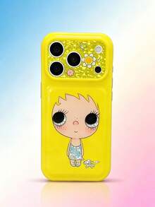 1PC Glossy Yellow Cartoon Big Eye Girl Phone Case, Glitter Floral Camera Frame, 3D Puffy Soft Full Coverage Protective Cover, Cute Girly Creative Niche Anti-Drop Case Compatible With Apple 17/16/15 Pro Max/15 Pro/15/15Plus/14 Pro Max/14 Pro/14Plus/14/13 Pro Max/13 Pro/13 Multiple Models - Yellow - View 1