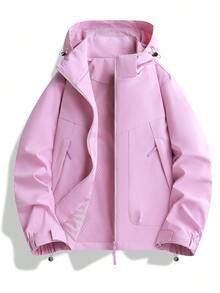NBCT Women's Urban Functional Adjustable Hood Drawstring Outdoor Softshell Jacket, Dual Side Safety Zipper Pockets, Minimalist Solid Color Light Outdoor Sports Commute Camping Casual Jacket - Cloud Cotton Pink - View 2
