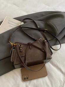 Vintage Meillard Colorblock Tote Bag, Bright Line Accents, Gold Buckle, One Shoulder Crossbody Commuter Women's Bag - Coffee - View 8