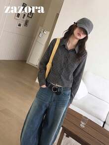 Korean Style Vintage Plaid Slimming Versatile Collared Button-Up Shirt Blouse - Black - View 8