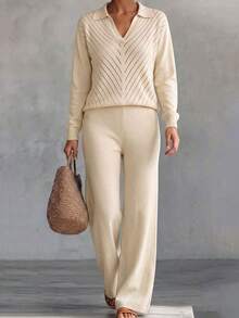 Women's Ribbed Knit Sweater And Wide Leg Pants Set, Long Sleeve V-Neck Casual Outfit For Autumn/Winter - Apricot - View 9