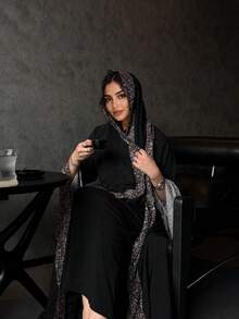 Hafizah 2pcs Women's Summer Leopard Print Patchwork Robe With Headscarf Set Black Spring Fall - Black - View 3