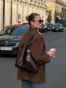 Women's Autumn Elegant Casual Brown Single-Breasted Long Sleeve Blazer, Suitable For Vacation, Office, Outing - Brown - View 5