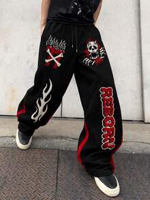 Zrgoth Men's Punk Skull Flame Print Wide Leg Drawstring Sweatpants, Black Loose Drape Sweatpants With Red Side Stripes And Multiple Skull Flame Number Prints, Casual Wear - Black - View 1