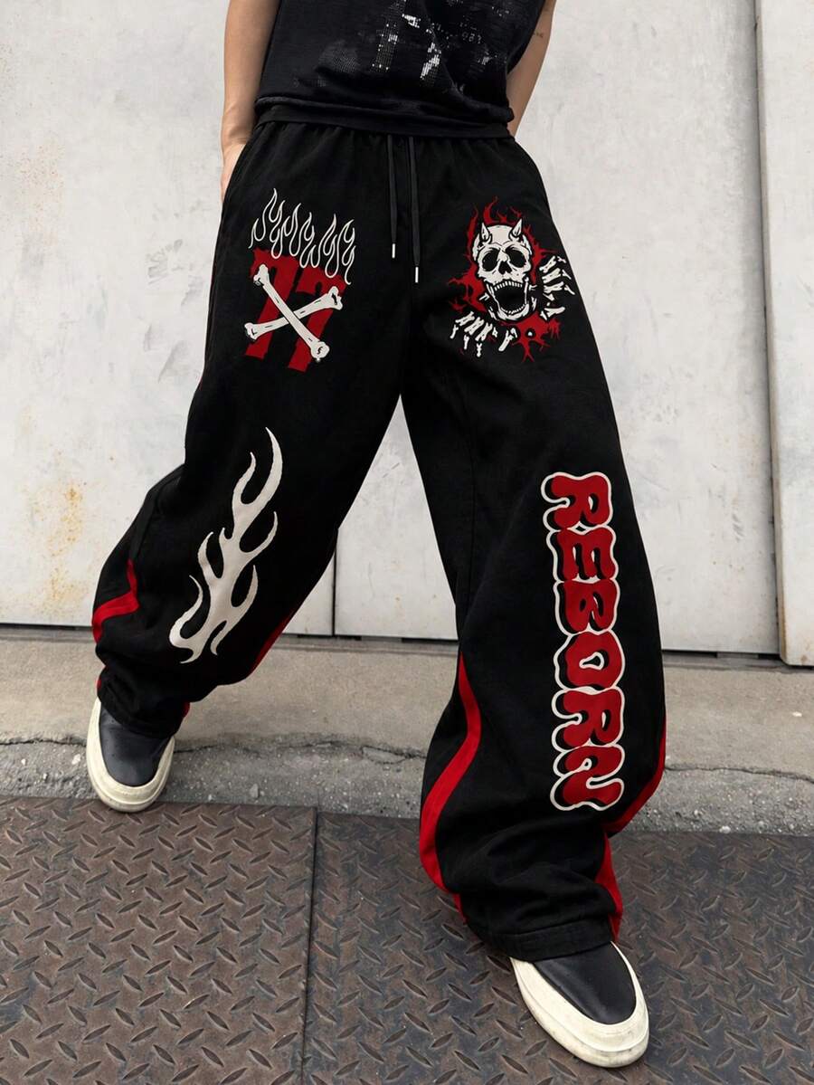 Zrgoth Men's Punk Skull Flame Print Wide Leg Drawstring Sweatpants, Black Loose Drape Sweatpants With Red Side Stripes And Multiple Skull Flame Number Prints, Casual Wear - Black - View 1