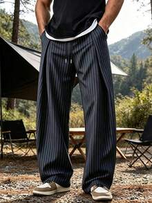Men's Vertical Striped Wide Leg Casual Pants, Loose Fit Outdoor Hiking Running Sports Long Pants, Spring/Autumn - Dusty Blue - View 3