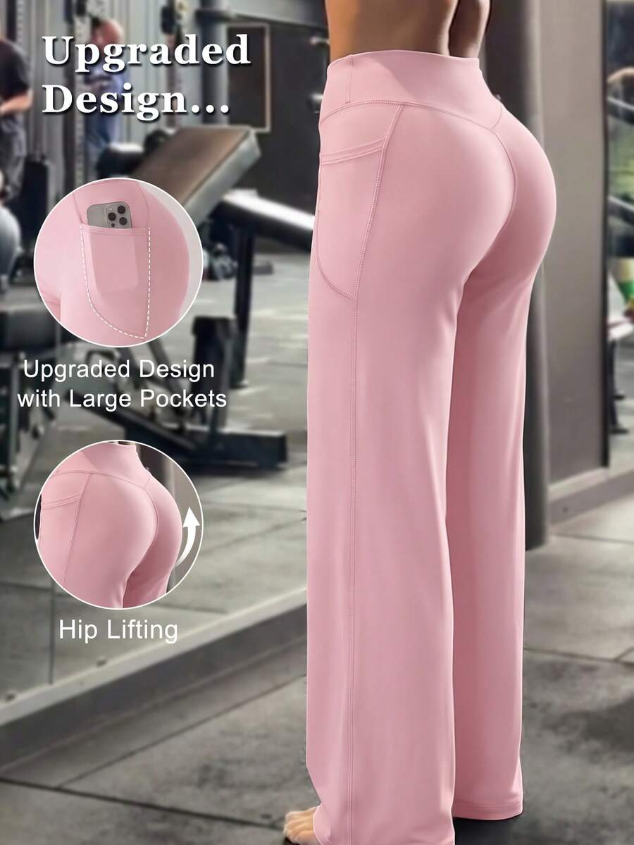 Pink High-Waist Wide-Leg Yoga Pants With Side Phone Pocket, Draped Slimming High-Elastic Commute & Sports Long Pants - Pink - View 1