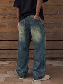 HEHCN Men's Distressed Vintage Blue Loose Straight Leg Casual Jeans, Wide-Leg Pants, Suitable Gift For Husband Or Boyfriend - Blue - View 4