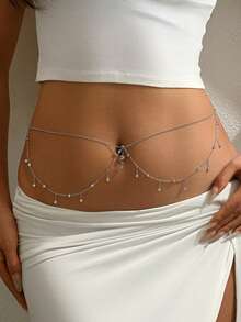 1pc Summer Vacation Style Silver Multi-Layer Chain Waist Belt, Dainty Belly Chain Necklace, Unique Design Elegant Body Chain Accessory, Suitable For Engagement, Wedding, Party, Festival, Gift For Friends And Loved Ones (Handmade, Random Number Of Rhinestones) - Silver - View 1