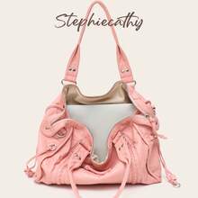 STEPHIECATHY Women's Casual Street Style Soft Washed PU Faux Leather Zipper Closure Zipper Pocket Braided Decor Large Capacity Fits 13 Inch Laptop Slouchy Tote Bag - Pink - View 7