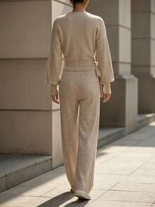 Women's Solid Color Drop Shoulder Long Sleeve Wrap Knit Cardigan & Knit Wide Leg Pants Set, Casual Autumn/Winter Loungewear, Front Tie Design - Khaki - View 2