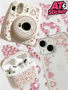 1pc Pink Rhinestone Decorative Sticker, Heart, Five-Point Star, Bow Outline Faux Crystal Rhinestone Pattern, Paired With Independent Single Rhinestones Of Different Sizes, Transparent Base One-Piece Die-Cut Process, Self-Adhesive Backing With Clear Glossy Finish, Strong Adhesion And Resistant To Peeling, Suitable For Phone Cases, Instant Cameras, Bluetooth Earphone Cases, Gift Boxes, Storage Boxes, Tablet Shells And Other Smooth Hard Surfaces, Used For Decorating Various Items To Create A Light Luxury Romantic Texture And Enhance The Atmosphere Of The Object - Decorative Stickers - View 1