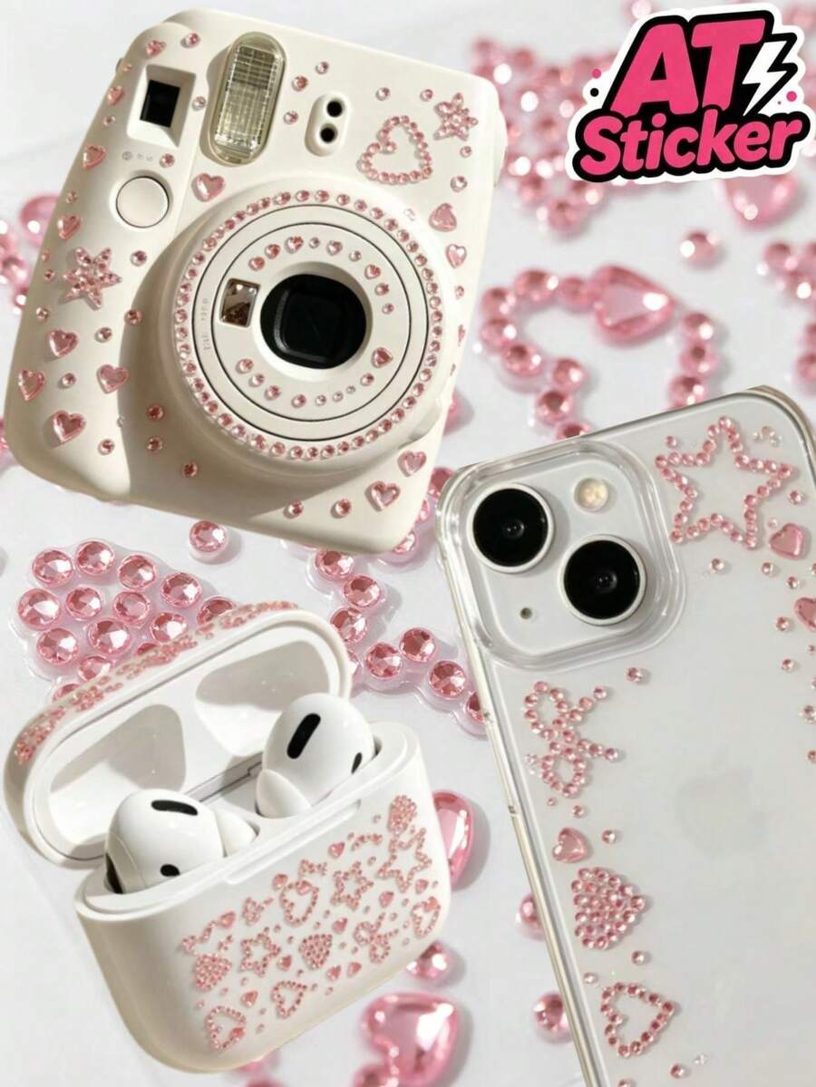 1pc Pink Rhinestone Decorative Sticker, Heart, Five-Point Star, Bow Outline Faux Crystal Rhinestone Pattern, Paired With Independent Single Rhinestones Of Different Sizes, Transparent Base One-Piece Die-Cut Process, Self-Adhesive Backing With Clear Glossy Finish, Strong Adhesion And Resistant To Peeling, Suitable For Phone Cases, Instant Cameras, Bluetooth Earphone Cases, Gift Boxes, Storage Boxes, Tablet Shells And Other Smooth Hard Surfaces, Used For Decorating Various Items To Create A Light Luxury Romantic Texture And Enhance The Atmosphere Of The Object - Decorative Stickers - View 1