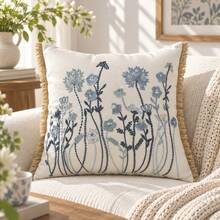 Embroidered Wildflower Throw Pillow Cover, Rustic Floral Decorative Cushion Cover With Fringe Trim, Farmhouse Fall Home Decor For Sofa Couch Bedroom, 1pc - Dusty Blue - View 11