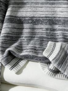 Autumn/Winter Contrast Color Striped Crew Neck Knit Sweater, Relaxed Daily Inner/Outer Layering Piece, Mixed Yarn Textured Soft Breathable Fabric, Fitted Drop Shoulder Cut Concealing Body Shape And Slimming, Horizontal Stripes With Rich Layered Visuals - Grey - View 9