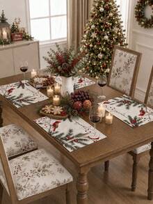 4pcs,6pcs,Christmas,Christmas Red Flower,Christmas Tree,Cardinal Bird Table Placemats,Rectangular Tablecloth,Washable,Suitable For Family Dinner,Coffee Table,Durable Kitchen And Dining Room Decor - Multicolor - View 4