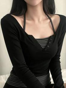 Women's Fashion Notch Neck Long Sleeve T-Shirt With Button Detail And Striped Patchwork, Regular Length 2-In-1 Design - Black - View 2