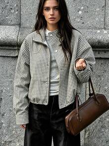 Women's Autumn Plaid Woven Fabric Stand Collar Short Jacket With Zipper And Button Double Breasted Hem Drawstring Loose Drop Shoulder Vintage Casual Style For Daily Commute Shopping And Outings - Black and White - View 1