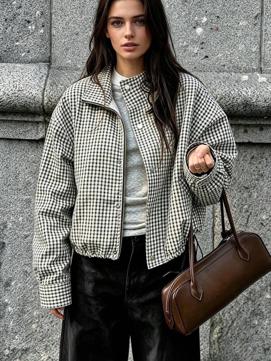 Women's Autumn Plaid Woven Fabric Stand Collar Short Jacket With Zipper And Button Double Breasted Hem Drawstring Loose Drop Shoulder Vintage Casual Style For Daily Commute Shopping And Outings - Black and White - View 1