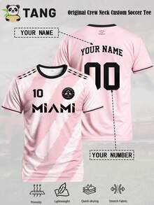 Miami #10 Custom Men's Soccer Jersey & Customizable Name & Number & Round Neck Lightweight Soccer Sports Top & Suitable For Soccer Matches, Training, Daily Wear, Gifts - Pink - View 2