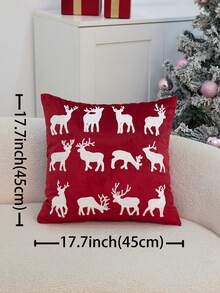 1pc Christmas Red Reindeer Embroidered Pillow Case, Suitable For Indoor Decoration, Christmas Decoration, All Season Pillow Case, Without Insert - Red - View 4