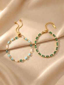 Camhanno 2pcs Green Rectangular Zirconia & Natural Mixed Color Stone Beaded Bracelet Set, Gold-Tone Stackable Bohemian Style Women's Jewelry - Multicolor - View 4