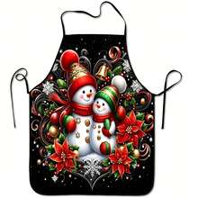 1Pc Black Background Cartoon Snowman Bell Poinsettia Halter Apron For Family Dinner Kitchen Cooking Photo Decor - Multicolor - View 2