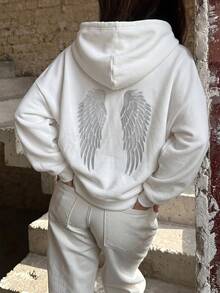 SCARLUX Women Y2K Loose Fit Hooded Sweatshirt, Angel Wings Print On Back, Winter Back To School Daily Commute Wear - White - View 9