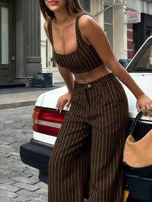Women's Autumn Vacation Vintage Striped Set, Square Neck Cami Crop Top + Pleated Wide Leg Pants, Suitable For Daily Outings, Halloween And Other Holiday Outfits - Brown - View 8