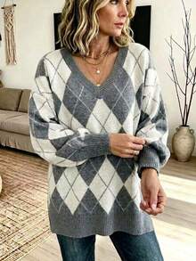Plus Size Argyle Pattern Knit Pullover, Women V Neck Long Sleeve Drop Shoulder Plus Size Sweater, Fall Winter Loose Casual Tunic Tops - Grey - View 4