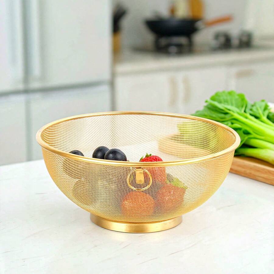 1/3pcs Stainless Steel Kitchen Strainer Basket, Fine Mesh, Stable Base, Suitable For Home Kitchen Washing, Draining Or Fruit And Vegetable Cleaning, Storage, Essential Kitchen Utensil, Durable Fruit And Vegetable Strainer, Rice Washer, Food Filtering Basket - Gold - View 1