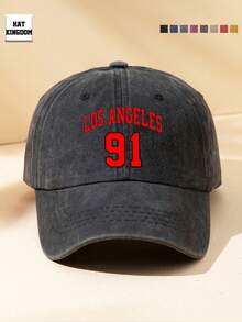 MAKEFGE 1pc Unisex Outdoor Casual Fashion Soft Comfortable Washed Distressed Vintage LOS ANGELES91 Graphic Print Adjustable Size Minimalist Black Multi-Color Curved Brim Baseball Cap Suitable For Daily Wear, Travel, Holiday Gift, Party Street - A - View 1