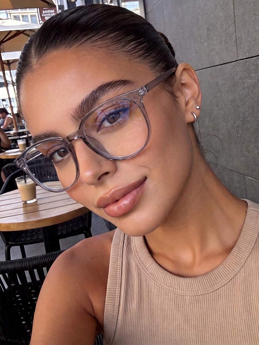 1 Pair Women's Fashion Academy Style Large Frame Gray Square-Round Clear Lens Glasses, Suitable For Daily Use, Computer, Gaming, TV, Phone, Transparent Eyewear Accessories - Gray Flat - View 1