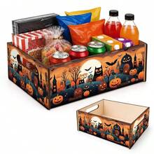 1pc Orange Sunset Halloween Wooden Storage Box, Cartoon Cat Shaped Ghost House Pumpkin Bat - Orange - View 6