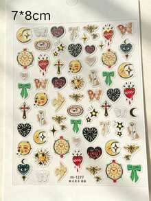 1pc/2pcs Fall Winter European Vintage Painted Pattern, Includes Clock, Heart, Star Moon, Bow, Bee, Portrait, Cross Elements, Embroidered Texture Embossed, DIY Nail Art Decoration Stickers - Multicolor - View 5