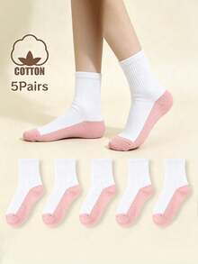 5 Pasang Kaos Kaki Katun Anak/Pelajar, Kaos Kaki Olahraga Katun Blok Warna, Kaos Kaki Anti Lembap untuk Kompetisi Olahraga Sekolah, Kaos Kaki Pelajar Serbaguna - Berwarna merah muda - View 1