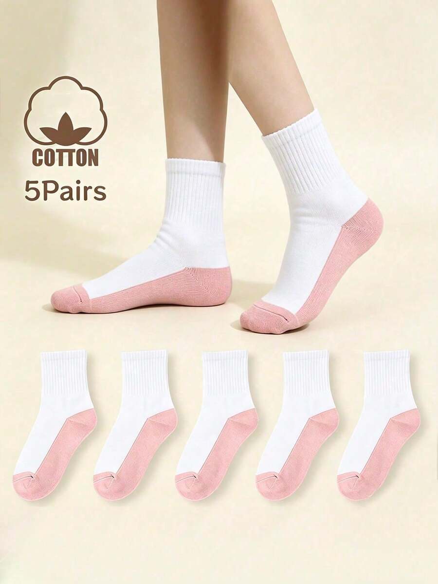 5 Pasang Kaos Kaki Katun Anak/Pelajar, Kaos Kaki Olahraga Katun Blok Warna, Kaos Kaki Anti Lembap untuk Kompetisi Olahraga Sekolah, Kaos Kaki Pelajar Serbaguna - Berwarna merah muda - View 1