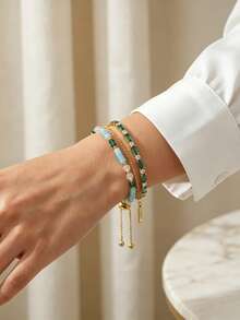 Camhanno 2pcs Green Rectangular Zirconia & Natural Mixed Color Stone Beaded Bracelet Set, Gold-Tone Stackable Bohemian Style Women's Jewelry - Multicolor - View 2