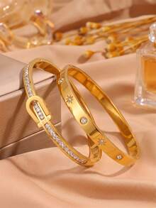 2pcsGolden Tone Stainless Steel Bangle, Simple & Clean - Gold - View 6