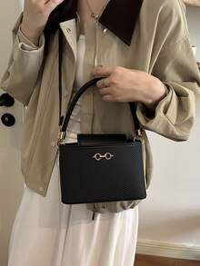 Women Vintage Textured Top‑Handle Handbag Luxury Gold Metal Decor Crossbody Shoulder Bag Daily Purse - Black - View 4