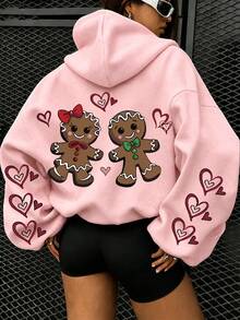 Women's Plus Size Cookie Letter Print Loose Pullover Sweatshirt - Pink Casual Pullover Sweatshirt, Kangaroo Pocket & Drawstring Design, Machine Washable, Comfortable All Seasons, Soft Fabric Loose Fit - Pink - View 2