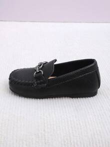 Children's Black Loafers With Metal Buckle, Soft Sole Driving Loafers, Slip-On - Black - View 6