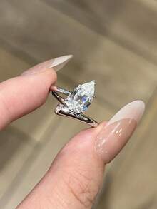 1pc Fashionable Exquisite Niche Silver Water Drop Open Ring For Women, Personalized Elegant Light Luxury Cool High-End Hand Jewelry - Teardrop Diamond Ring - View 8