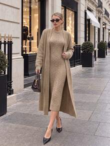 NOVELLE Women's Elegant Cable Pattern Knit Sweater Set, Autumn Winter Loose Long Cardigan With Midi Dress, For Daily Going Out, Commute And Dating - Khaki - View 1