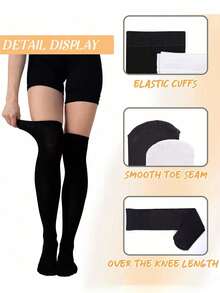 1 Pair Women's Velvet Thigh High Socks, Soft Stretch Thigh High Stockings, Stay-Up Elastic Cuff For Fall Winter, Party, Cosplay & Daily Wear - Black - View 7