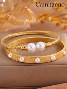 Camhanno 2pcs Stainless Steel Plated 18K Gold English Engraved Bracelet, Frosted Pearl Double Ring Layered Romantic Women's Bracelet - Gold - View 3