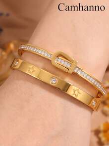 2pcs European And American Style Stainless Steel Plated 18K Gold Bracelet With Multiple Patterns To Choose From, Not Easy To Fade Women's Bracelet - Gold - View 3