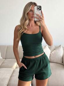 GLAMSKIN Women's Summer/Autumn Basic 2 Pieces Set, Spaghetti Strap Tank Top And Drawstring Shorts Elegant - Dark Green - View 1