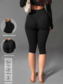 1pc Women's Seamless Elastic High Waist Tummy Control Butt Lifting Shaping Casual Sports Capris - Black - View 1