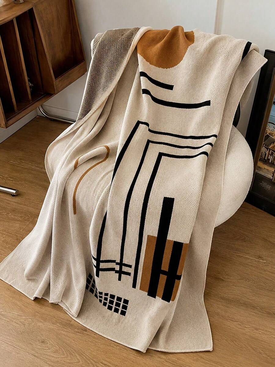 1pc Ultra Soft & Cozy Scandinavian Knit Throw Blanket - Luxurious Striped Design, Suitable For All Seasons, Great For Office Naps, Chilly Nights And Cuddling - Lightweight Acrylic Material, Easy Care, Versatile Use - Beige - View 1